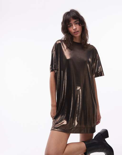 Allsaints sparkle metallic t-shirt dress in gold | ASOS