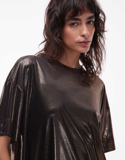 Allsaints sparkle metallic t-shirt dress in gold | ASOS