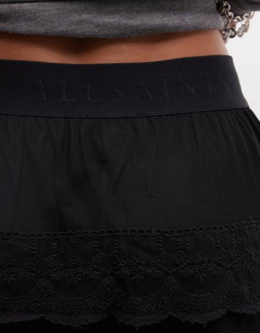 AllSaints spódnica midi z koronką i falbaną Maggie w czerni, 4 z 5
