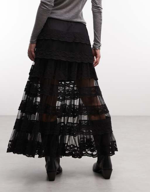 AllSaints spódnica midi z koronką i falbaną Maggie w czerni, 5 z 5