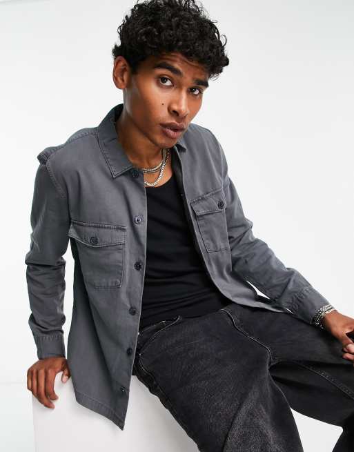 AllSaints – Spotter – Military-Hemd in Grau