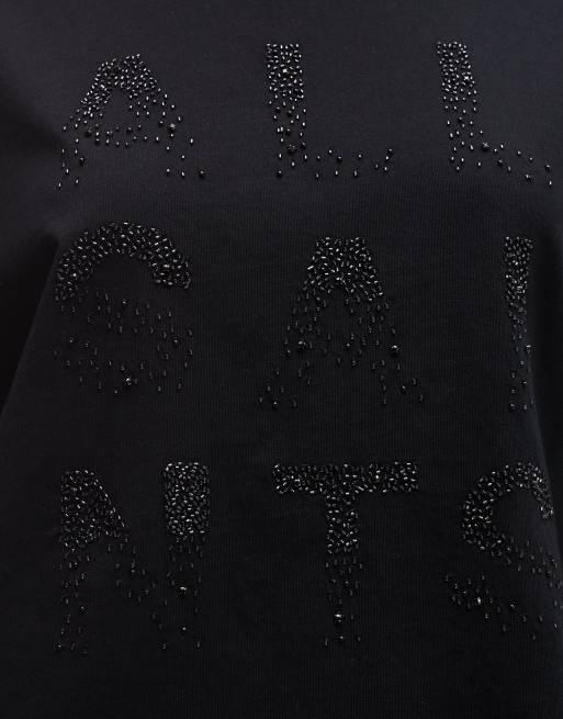 AllSaints Stacks Amelie short sleeve embellished logo t-shirt in black, 3 of 4