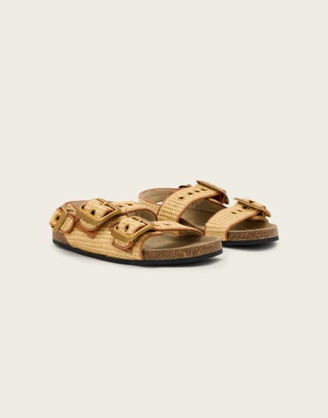 AllSaints Staffa double strap textured buckle leather sandals in natural brown - view 1