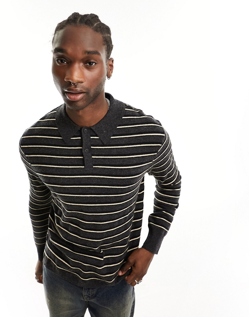 AllSaints Stafford long sleeve knitted polo top in black and yellow stripe