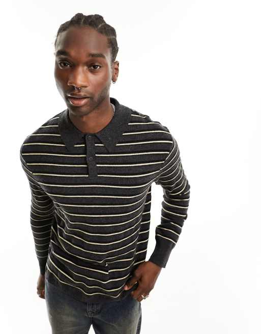 AllSaints Stafford long sleeve knitted polo top in black and yellow ...