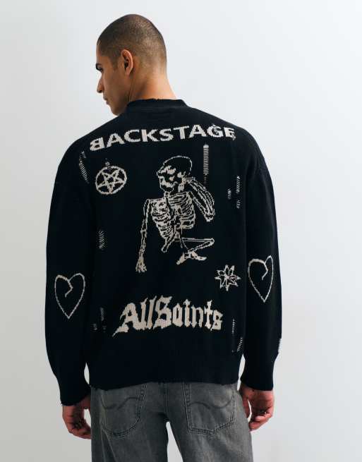 AllSaints Staged broderad grafisk logotypkofta i svart/ecru, 3 av 5