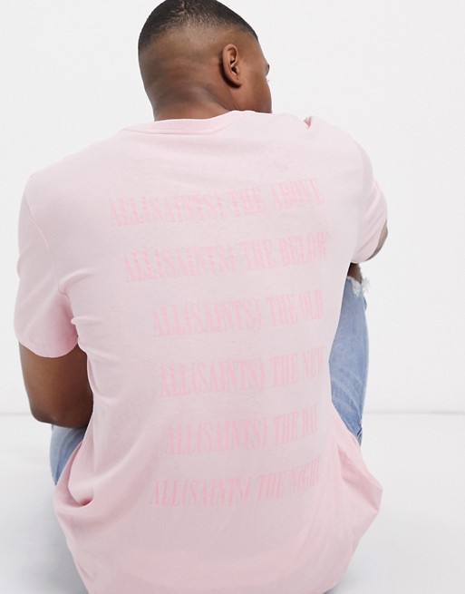 AllSaints Stamp tonal text logo t-shirt with back print in pink