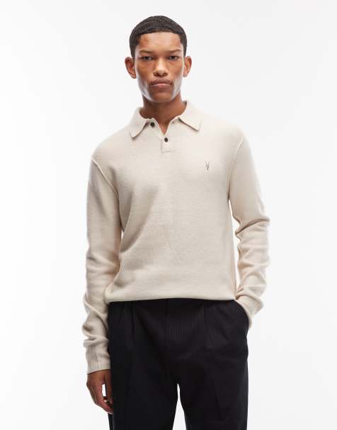 AllSaints – Statten – Biały sweter dzianinowy z kołnierzykiem polo i długimi rękawami - view 1