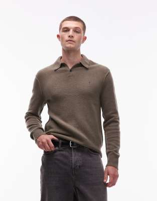 Allsaints Statten Knit Long Sleeve Polo In Green