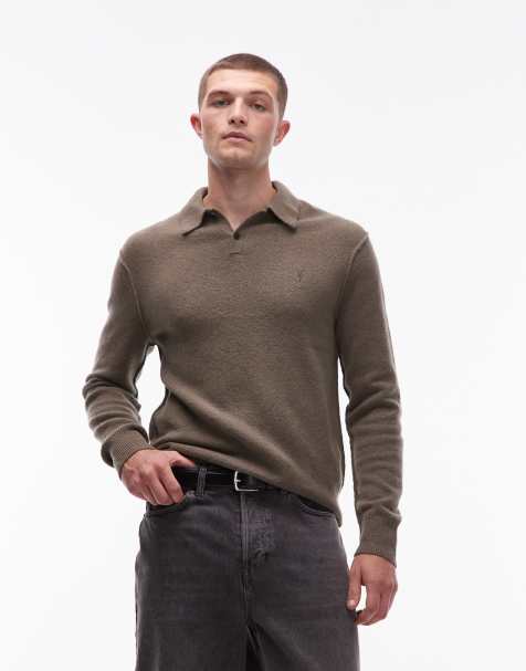 AllSaints Statten knitted long sleeve polo in green - view 1