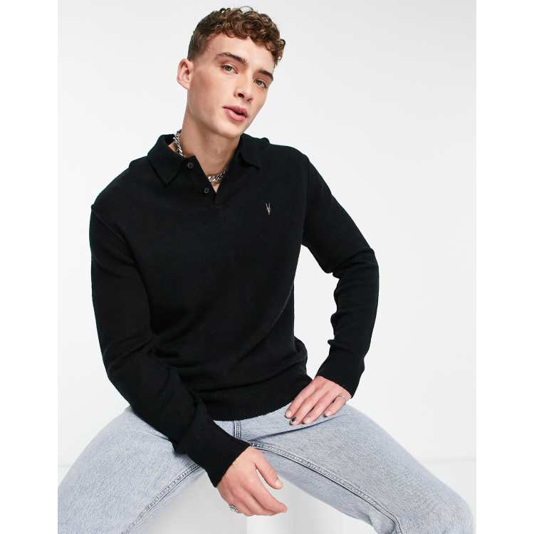 AllSaints long sleeve polo shirt in black