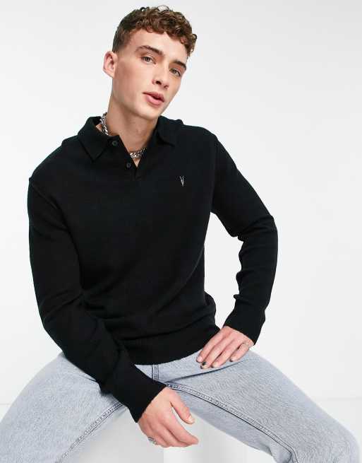 AllSaints Statten knitted polo shirt in black ASOS