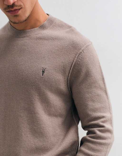 AllSaints Statten logo knit jumper in light brown, 3 of 5