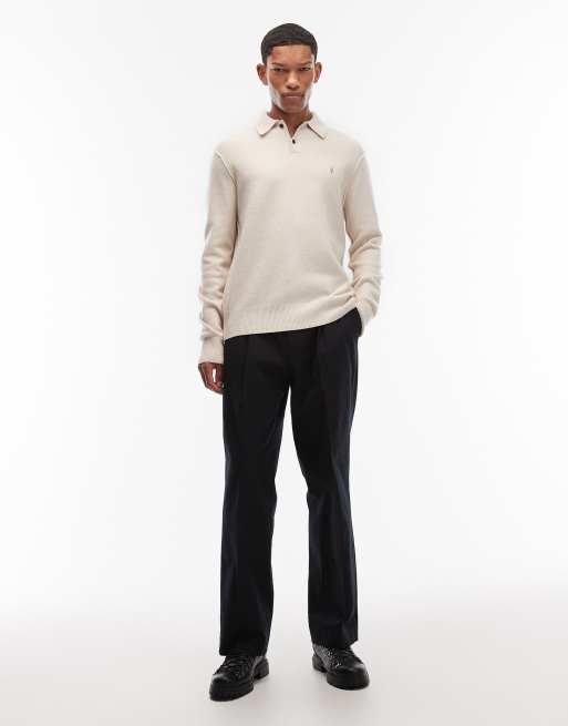 AllSaints Statten long sleeve logo knit polo jumper in white, 2 of 5