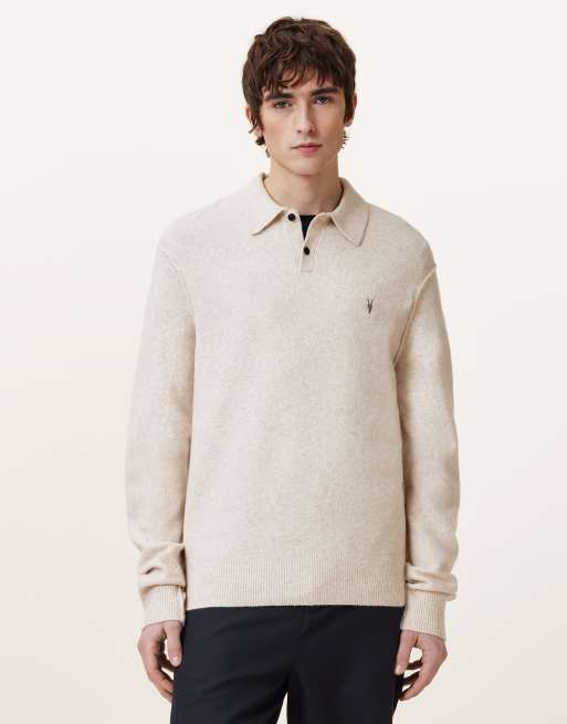 AllSaints - Statten - Polo manches longues - Blanc avoine