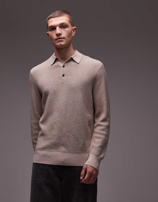 AllSaints - Strikket og beige poloskjorte med vaffeltekstur 