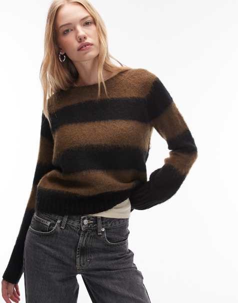 Allsaints stripe knitted jumper in brown / black - view 1