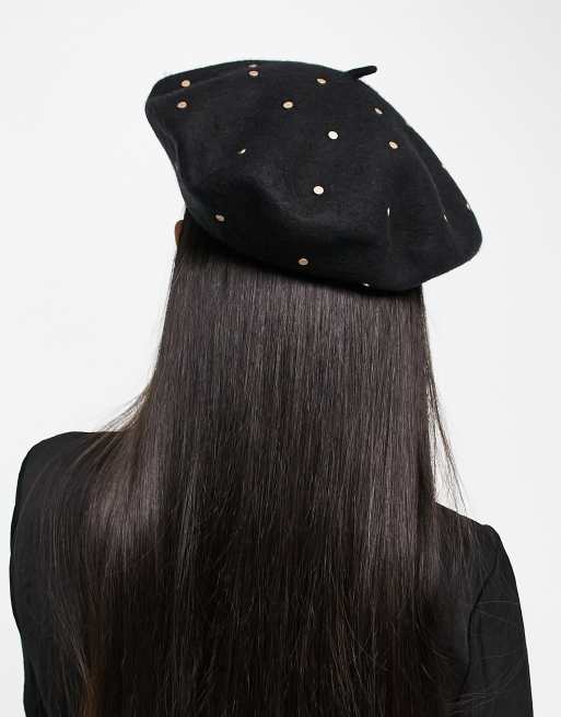 All saints black womens studded hat new AllSaints studded beret hat in black | ASOS main image 3