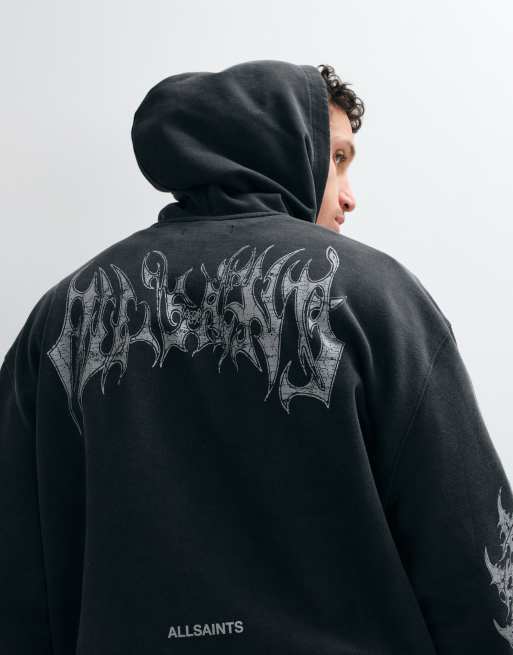 AllSaints - Sudadera con capucha Helvette con logo gráfico y estampado trasero en negro lavado, 2 de 5