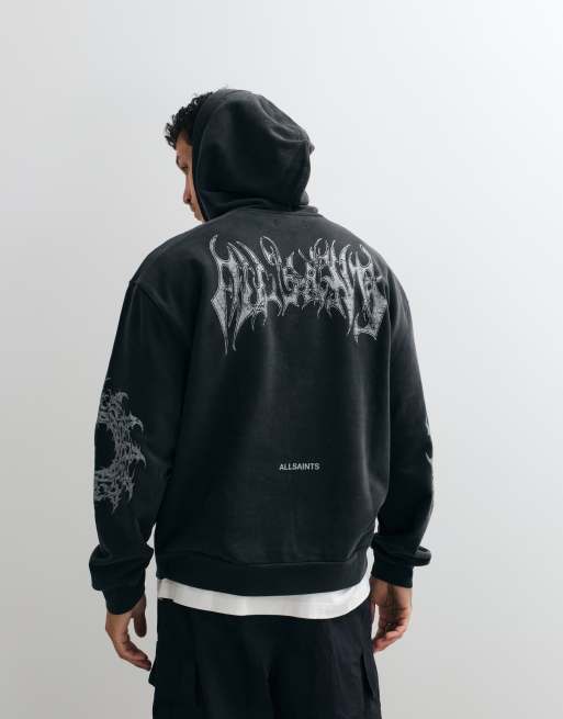 AllSaints - Sudadera con capucha Helvette con logo gráfico y estampado trasero en negro lavado, 3 de 5