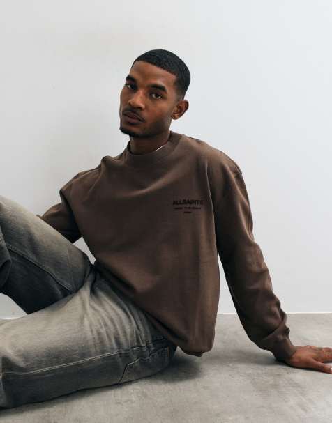 AllSaints - sudadera de cuello redondo Xander con logo flocado en marrón - view 1