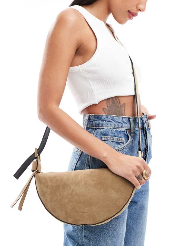 AllSaints - suede half moon crossbody bag in light brown