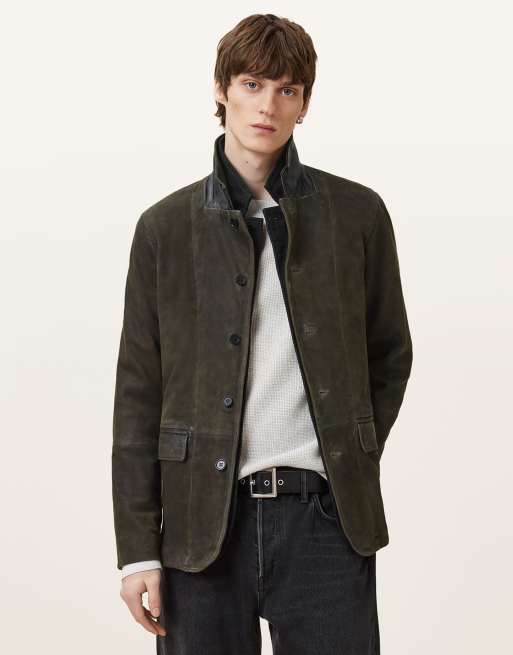 AllSaints - Survey - Leren blazer in donker olijfgroen