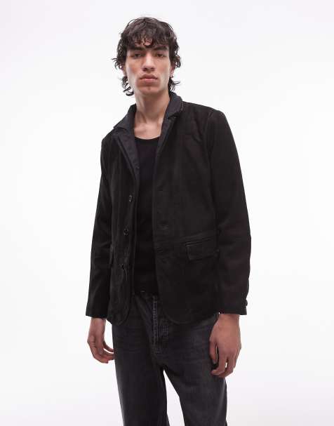 Allsaints Survey suede blazer jacket with leather trims in black - view 1