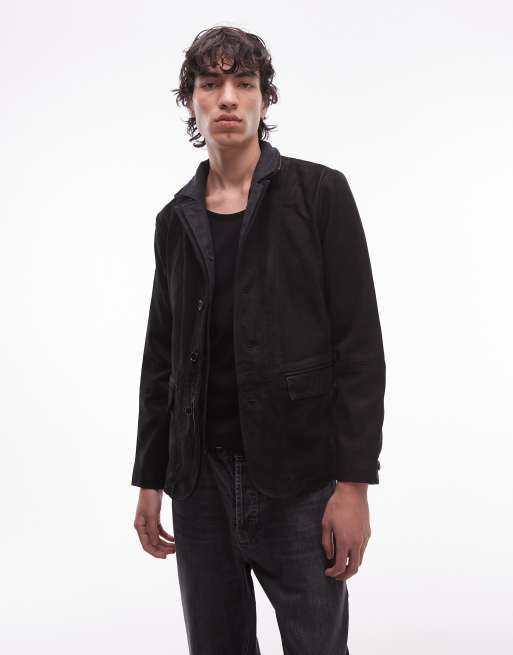 Allsaints Survey suede blazer jacket with leather trims in black