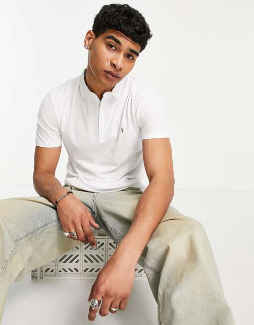 AllSaints Suspender ramskull logo polo shirt in white
