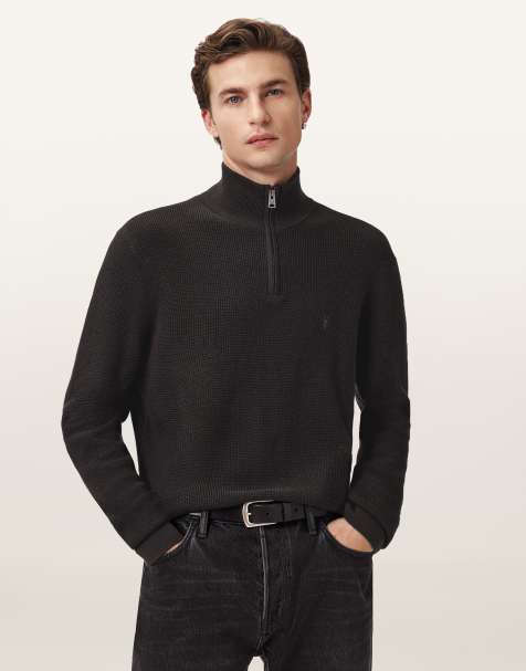 AllSaints – Sweatshirt in Espresso-Braun mit Stehkragen, Reißverschluss und Waffelstruktur - view 1