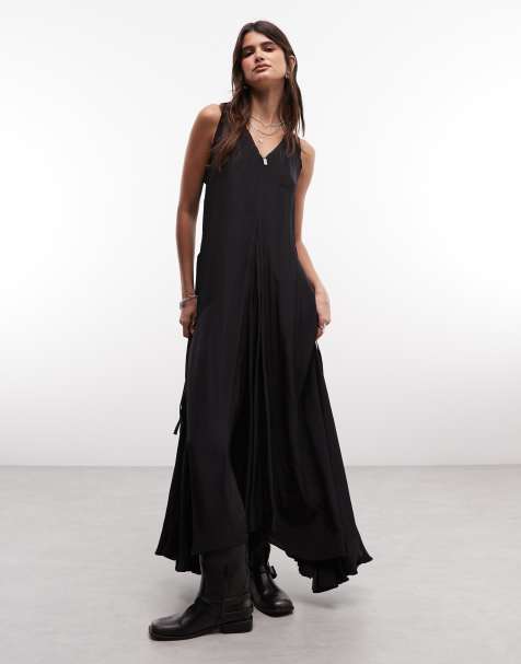 AllSaints Sybil Midikleid mit V-Ausschnitt, Raffungen und Volant in Schwarz - view 1