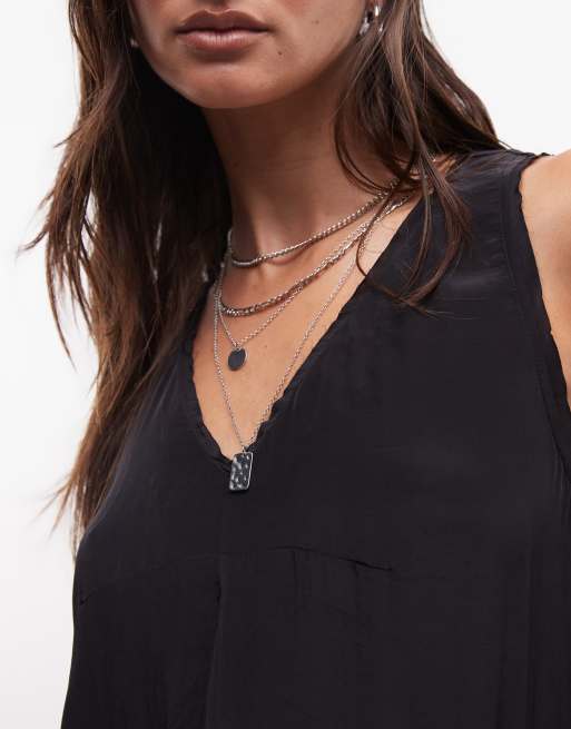 AllSaints Sybil vestito midi nero con scollo a V, arricciature e volant, 2 di 4