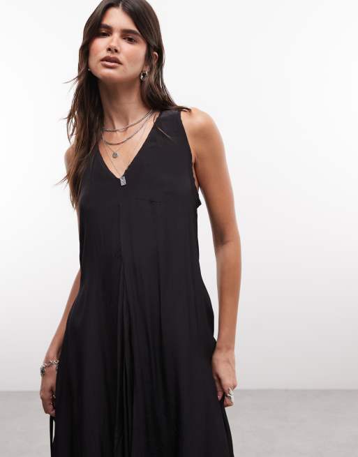 AllSaints Sybil vestito midi nero con scollo a V, arricciature e volant, 4 di 4