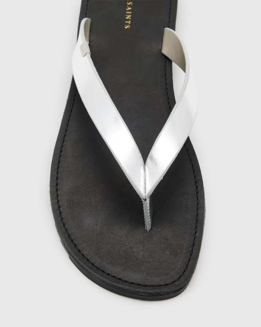 AllSaints Sydney leather thong sandals in silver, 3 of 4