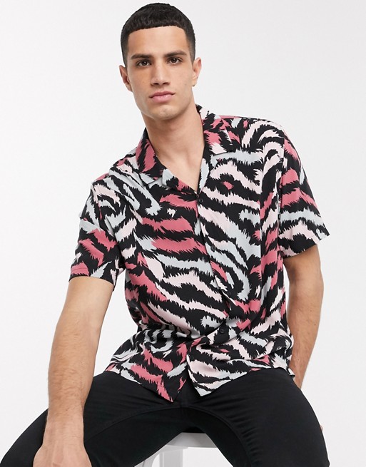 AllSaints Synth short sleeve tiger print shirt in pink and black