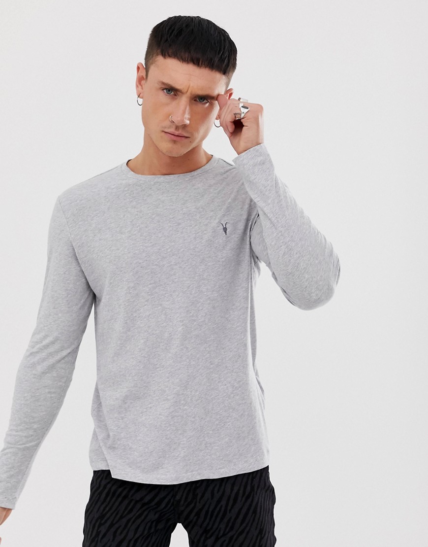 AllSaints - T-shirt in tessuto tonic a maniche lunghe con logo grigio mélange