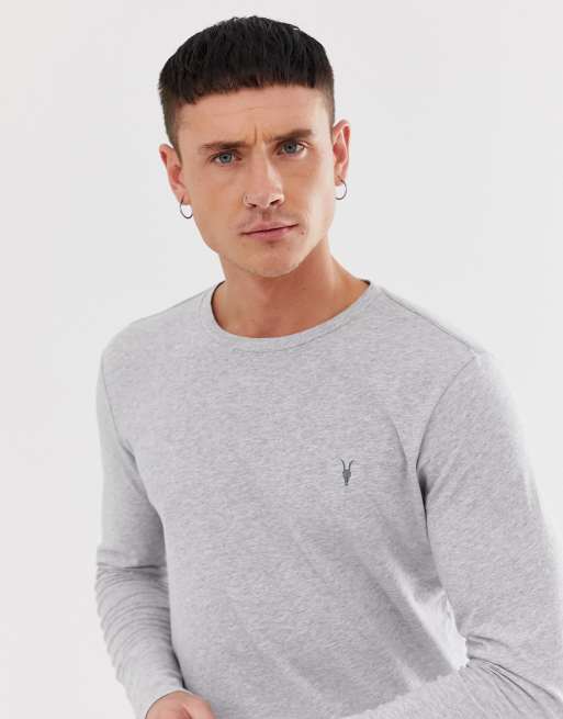 AllSaints - T-shirt in tessuto tonic a maniche lunghe con logo grigio mélange, 3 di 4