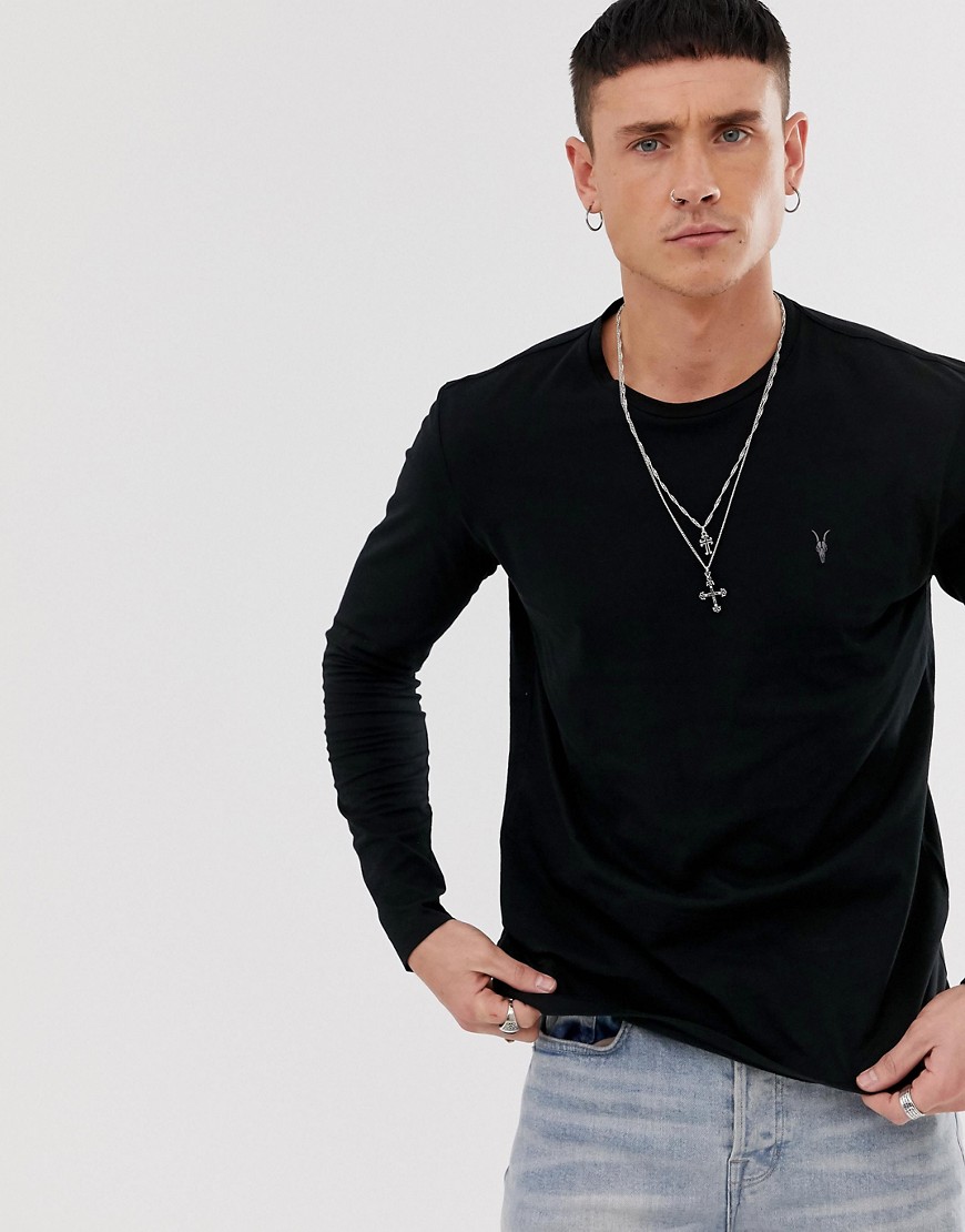 AllSaints - T-shirt in tessuto tonic a maniche lunghe con logo nera-Nero