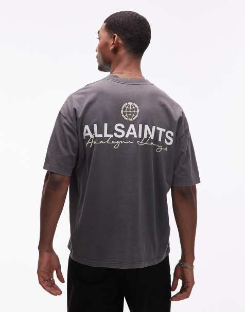AllSaints – T-Shirt in verwaschenem Schwarz mit Emblem-Logo und Rückenprint - view 1