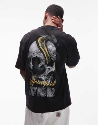 T-Shirt in verwaschenem Schwarz mit Schlangen-Totenkopf-Grafik Schwarz S