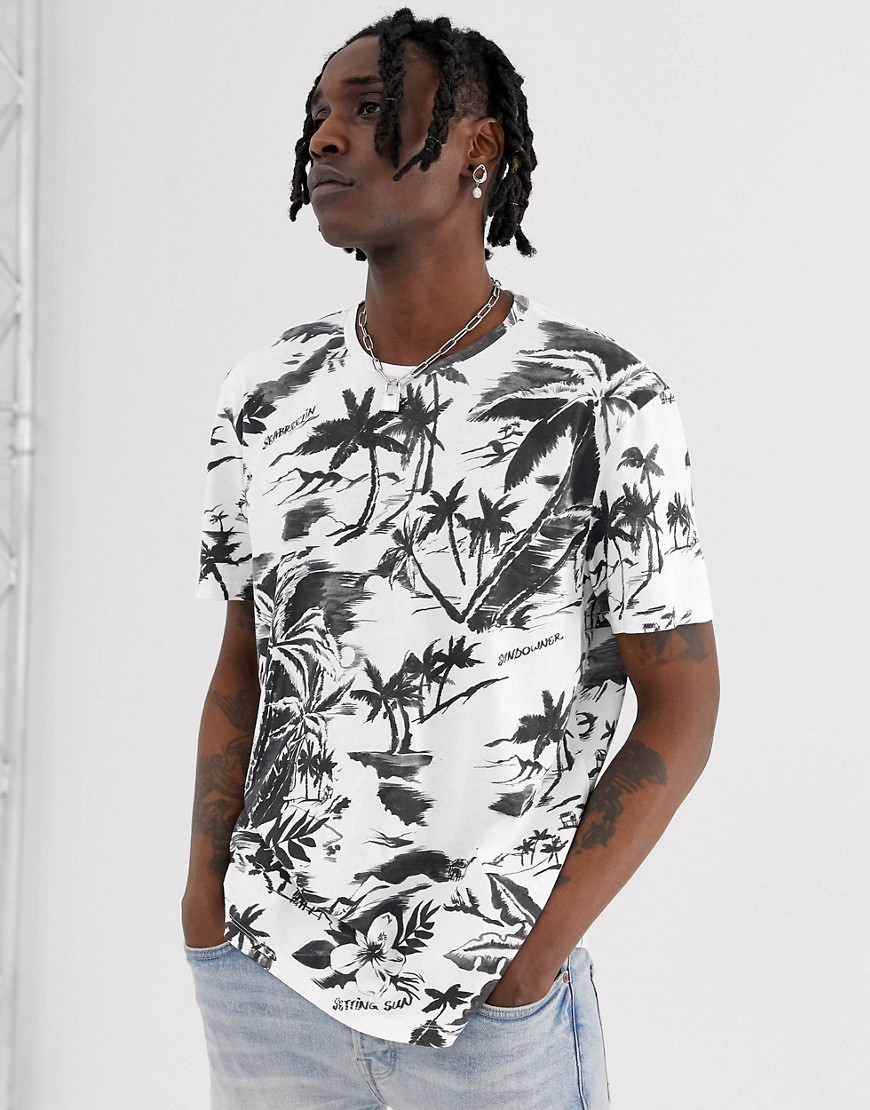 AllSaints - T-shirt met monochrome tropische print-Wit
