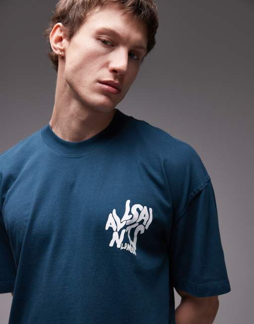 AllSaints - T-shirt met Orlando-print op de achterkant in blauw, 3 van 4