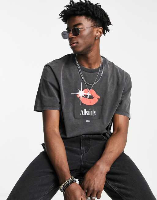 AllSaints - T-shirt nera con labbra 