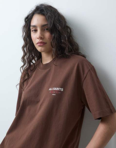 AllSaints t-shirt oversize à manches courtes avec logo graphique et imprimé au dos marron - view 1
