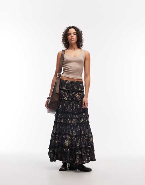 AllSaints talia floral tiered maxi skirt in black - view 1