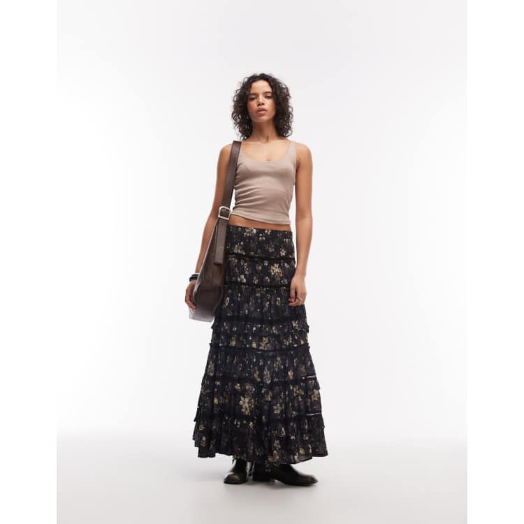 AllSaints talia floral tiered maxi skirt in black | ASOS