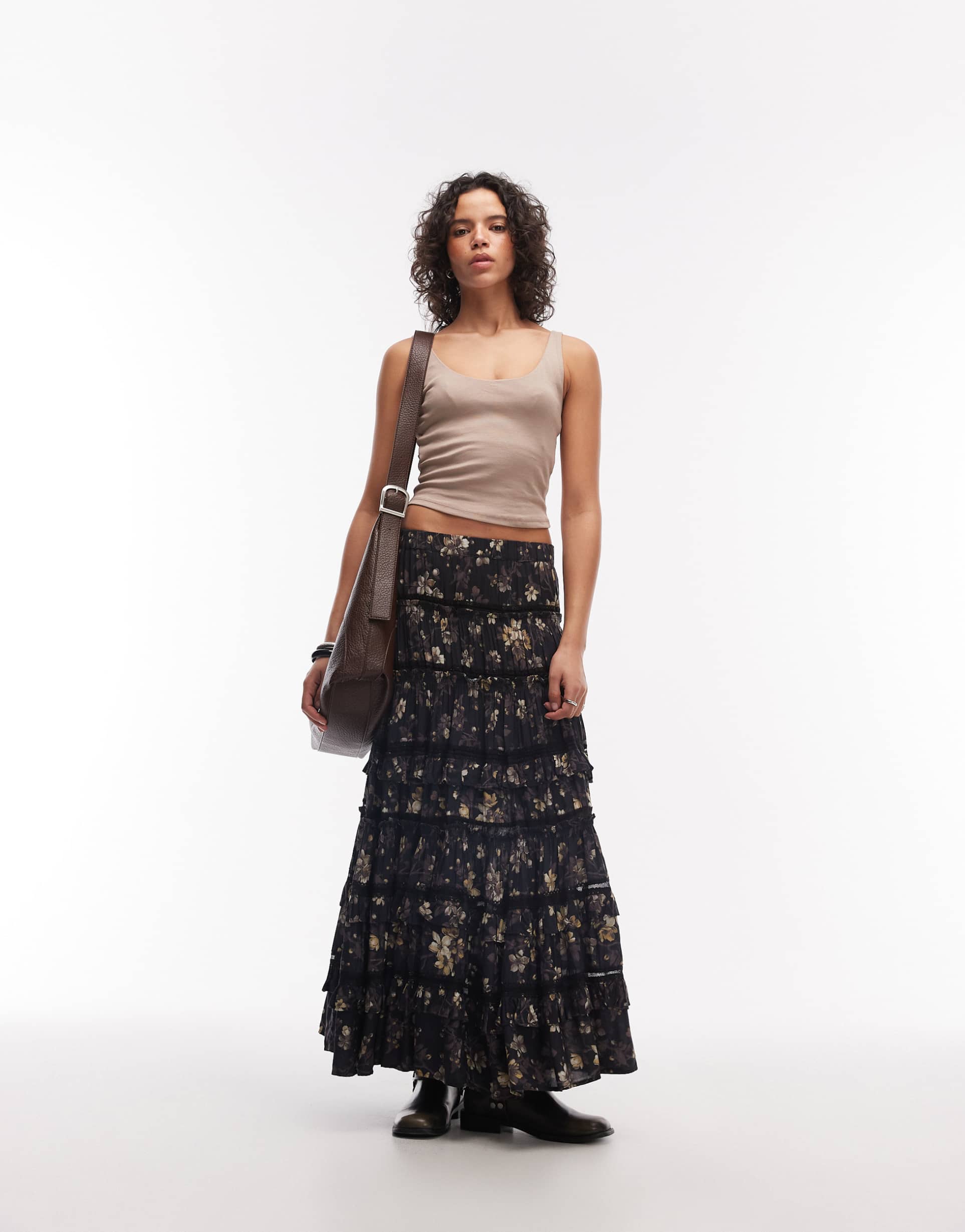 allsaints talia floral tiered maxi skirt in black