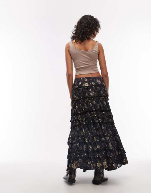 AllSaints talia floral tiered maxi skirt in black, 2 of 5