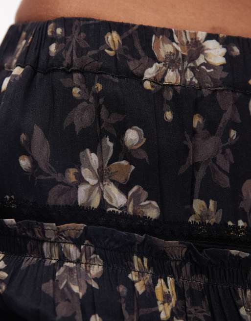 AllSaints talia floral tiered maxi skirt in black, 3 of 5